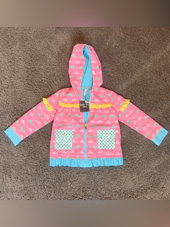 Matilda Jane Other - Matilda Jane Pink & Aqua Umbrella Hooded Jacket with Yellow Ruffle